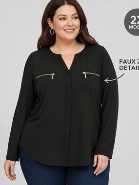 Carmen Black Long‑Sleeve Faux‑Zip Blouse – XL NWOT